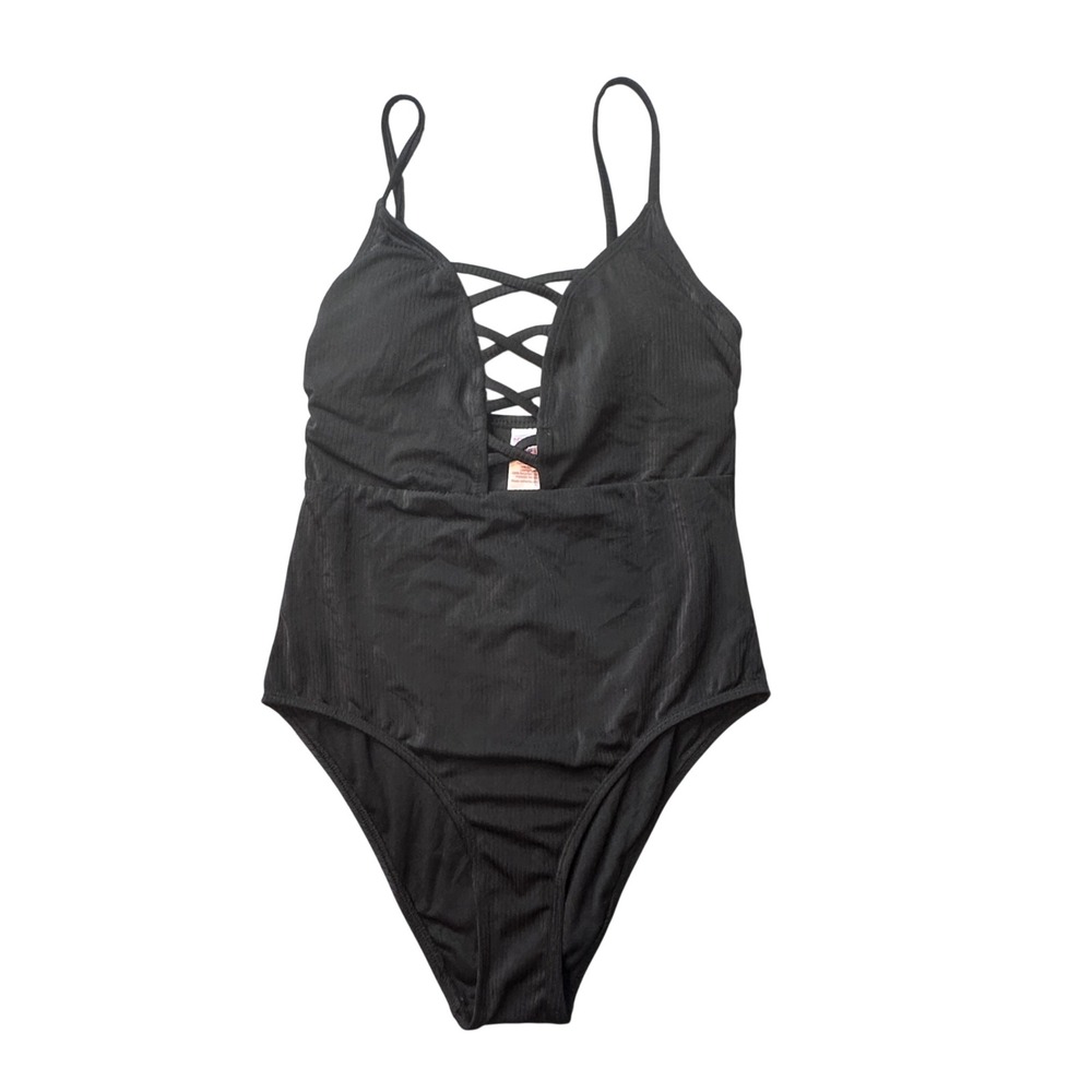No Boundaries One Piece Swimsuit‎ Womens M Black Ribbed Lace Up Lattice Strappy